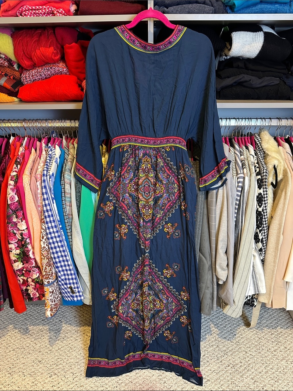 Flying Tomato navy/pink print 3/4 dolman sleeve v neck maxi dress size M - Picture 3 of 3